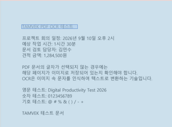 OCR 적용 전 글자를 선택할 수 없는 이미지형 PDF 테스트 화면