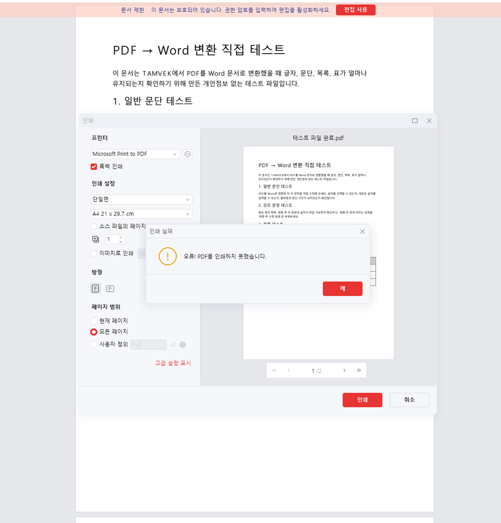 PDF 암호 입력 후 문서와 권한 제한을 확인하는 화면