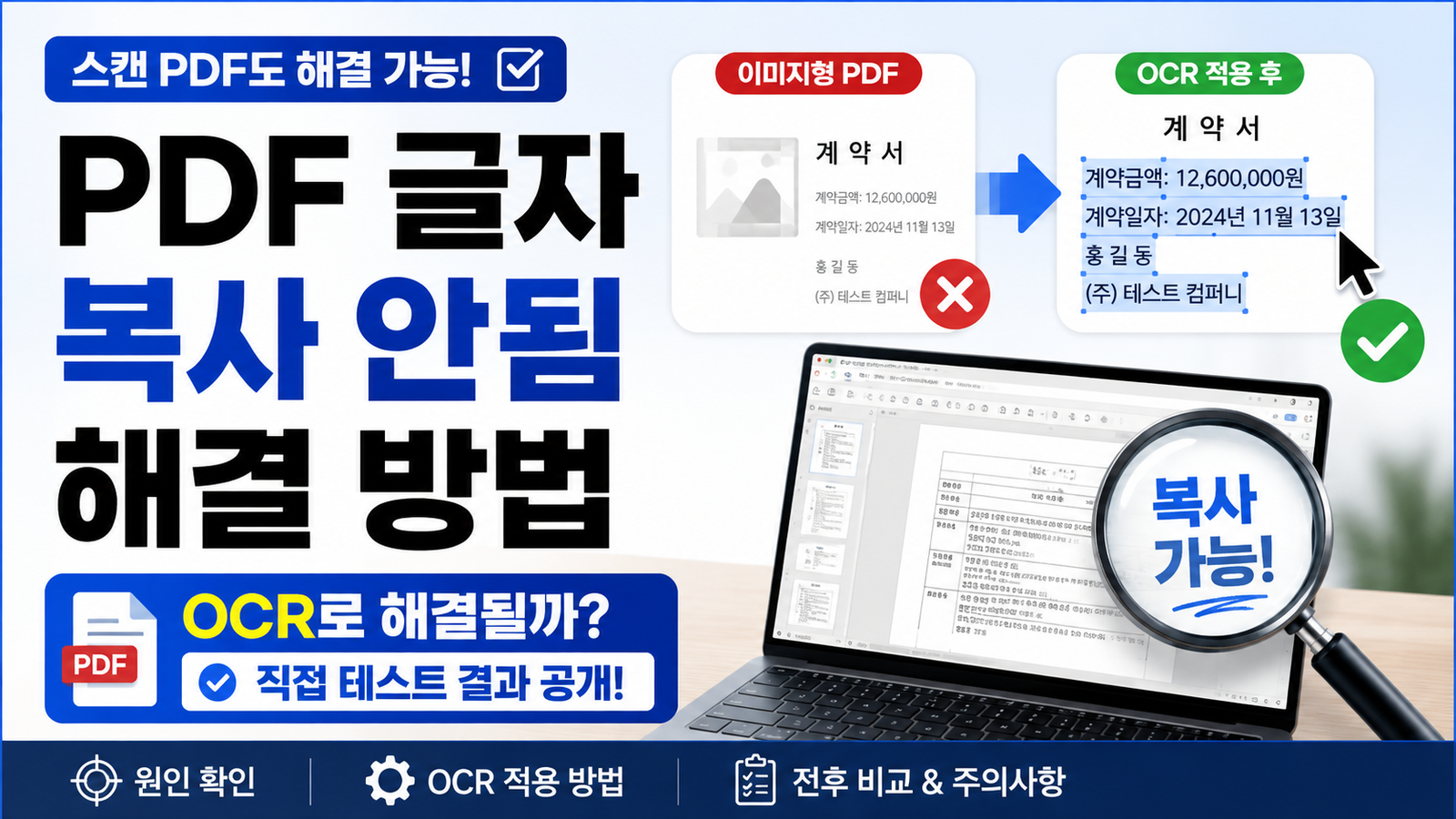 PDF 글자 복사 안됨 문제와 OCR 적용 전후를 설명하는 대표 이미지